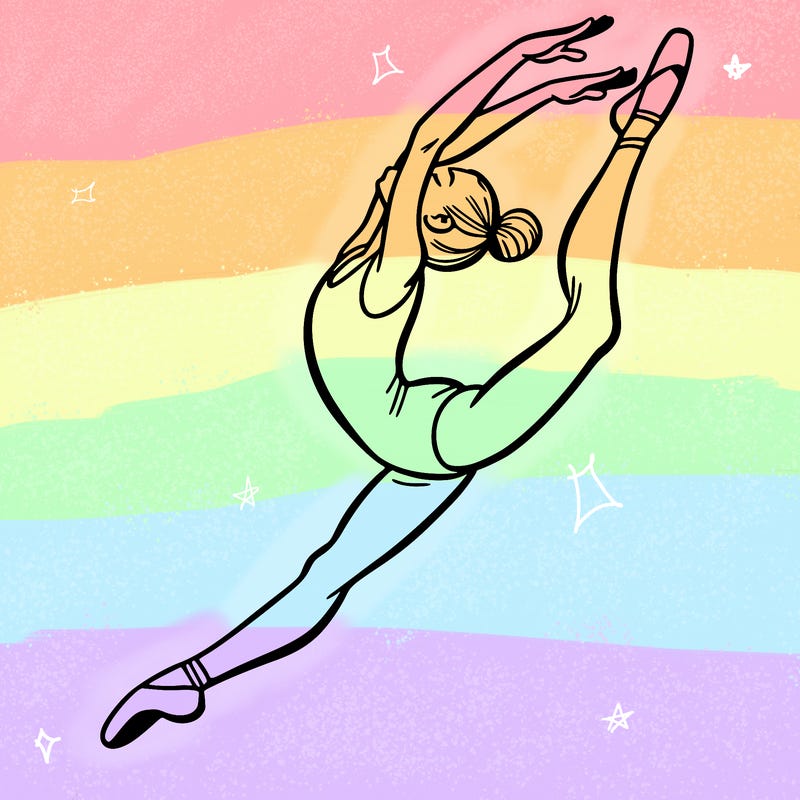 gymnast doing a leap in a leotard with a bent back leg