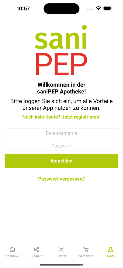 saniPEP Apotheke - Página de inicio de sesión de la app saniPEP Apotheke con campos de nombre de usuario y contraseña.