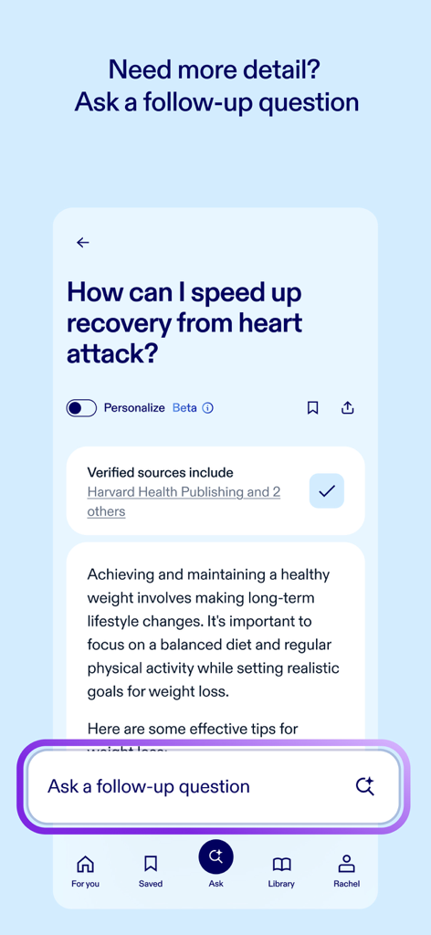 Health Answers by Pfizer - A screenshot of the Health Answers by Pfizer app showing a detailed answer about heart attack recovery and the follow-up question input field.