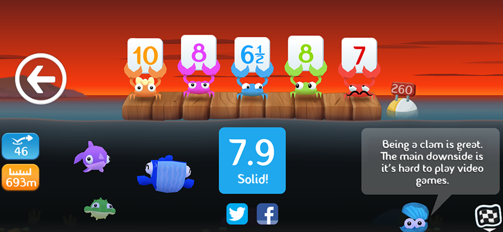 Fish Out Of Water! - Five colorful crabs holding up scorecards to rate a performance in Fish Out Of Water game