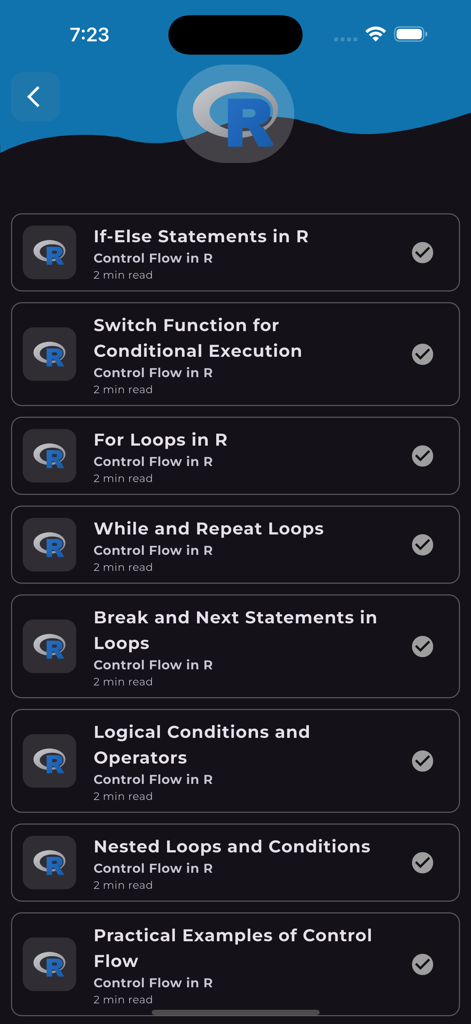 Learn R Programming [PRO] - List of control flow tutorials in the Learn R Programming app showing topics like loops and if-else statements.