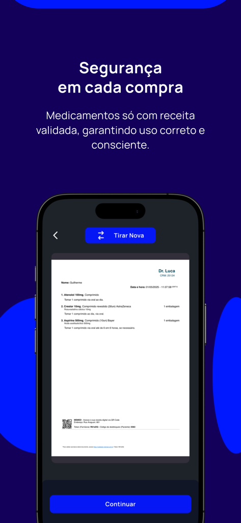 Omni Saúde App - 携帯電話に有効な医療処方箋が表示されているOmni Saudeアプリのインターフェース。