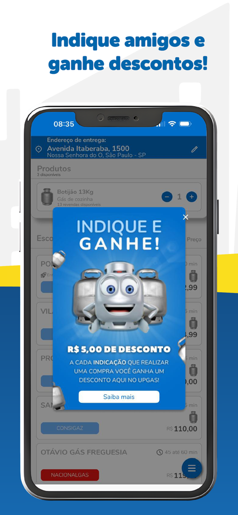 Upgas - Seu gás mais rápido - A referral program pop-up on the Upgas app interface offering a discount for referring friends.