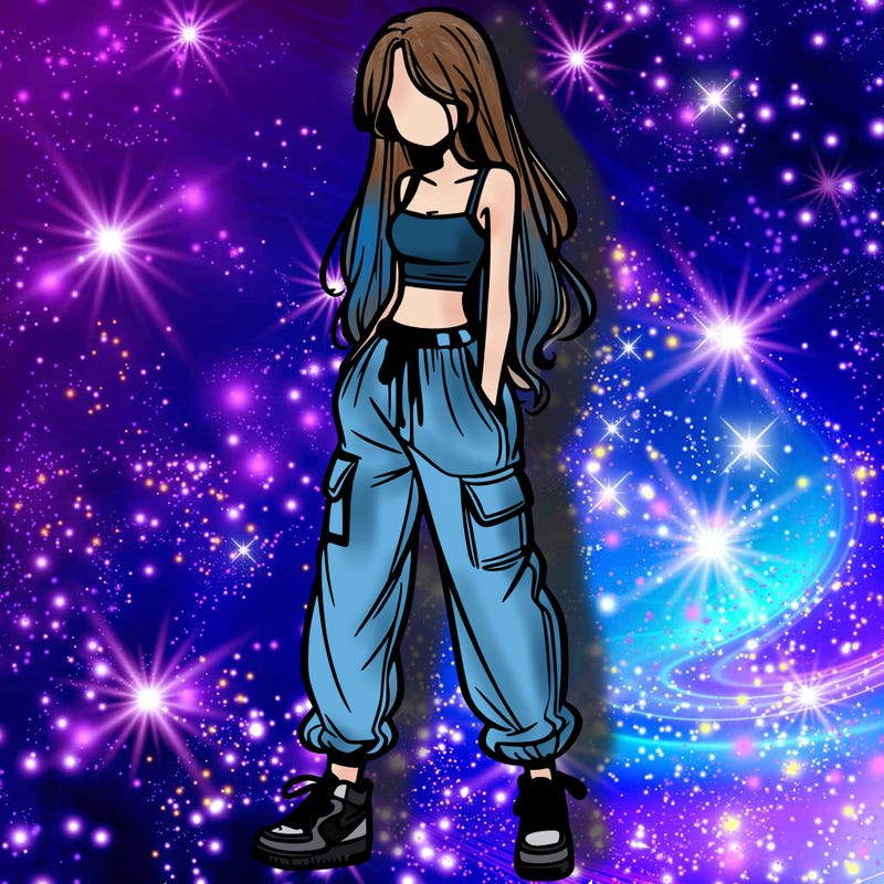 girl in baggy pants crop top and long hair