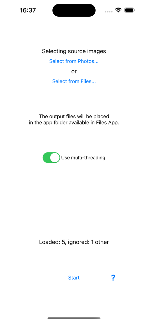 Images converter to HEIC - Interfaz principal de la aplicación Convertidor de imágenes a HEIC que muestra opciones para seleccionar imágenes de origen y un interruptor de multihilo
