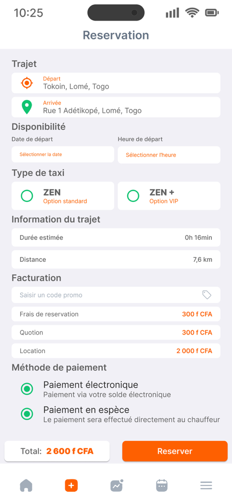 Loomi app reservation interface for booking a taxi with route and price details