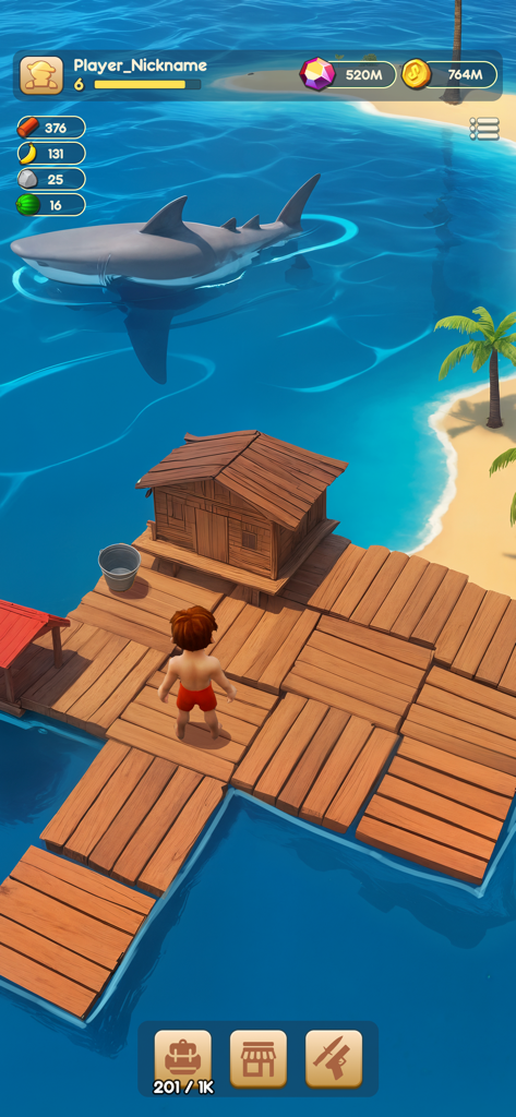 Raft® Survival Adventure Quest - Captura de pantalla de un juego móvil que muestra a un personaje en una balsa de madera cerca de un tiburón en el océano