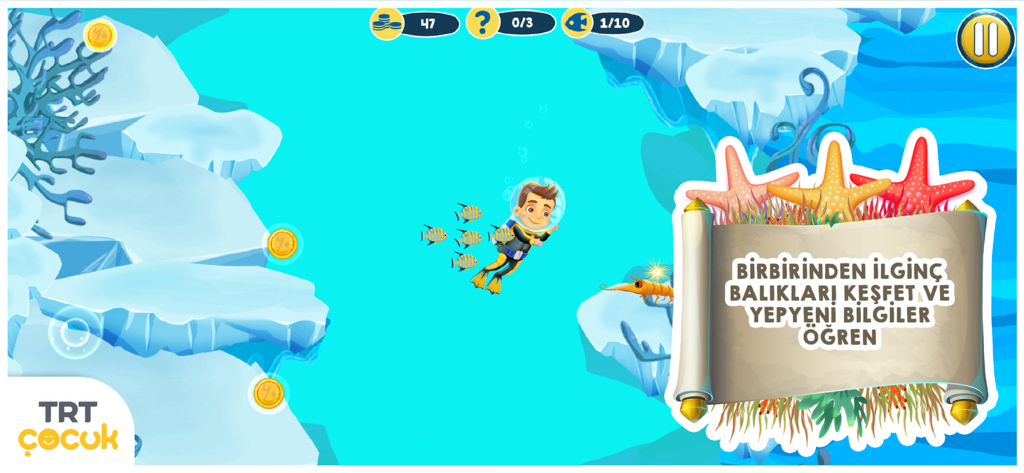 Ein junger Taucher schwimmt zwischen Fischen und Münzen im Spiel TRT Underwater Explorer