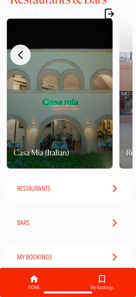 Aplicação Orient Resorts a mostrar a secção de restaurantes e bares com opção de jantar italiano