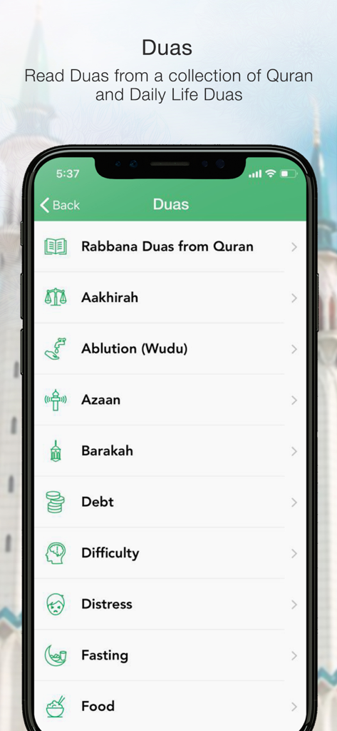 A mobile interface from the Islamic Prayer Times and Tracker app showing a categorized list of daily life and Quranic Duas.