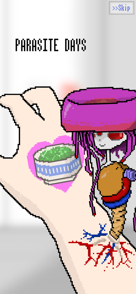 Parasite Days - Pixel art of a cute parasite creature growing from a human arm in the game Parasite Days