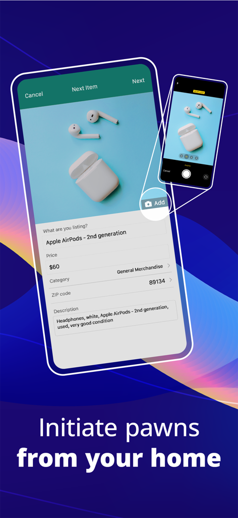 Interfaz de la aplicación MobilePawn que muestra cómo listar un artículo como AirPods de Apple para un préstamo prendario desde casa