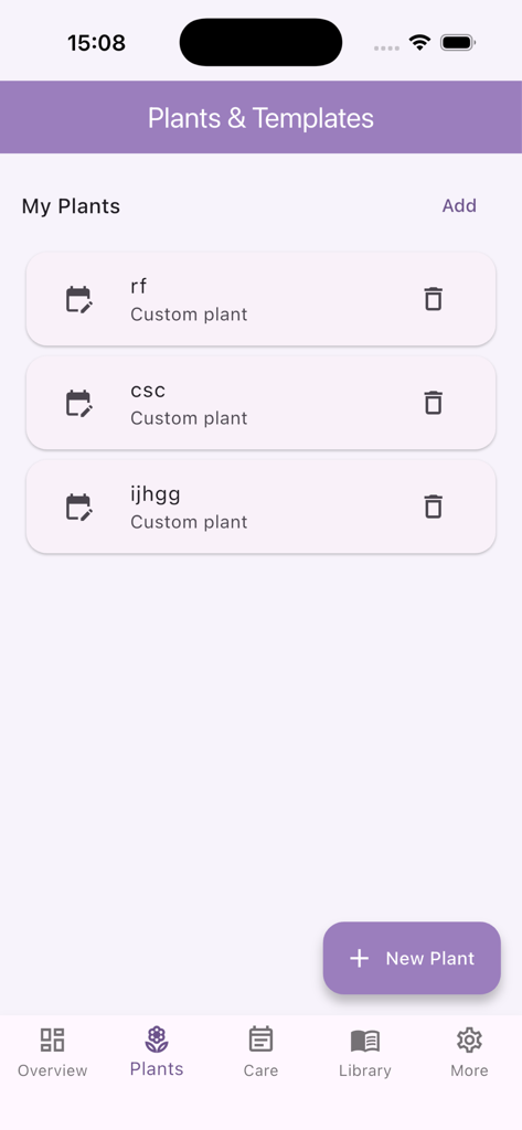 La pantalla de la colección de plantas que muestra una lista de plantas personalizadas con opciones para agregar nuevas entradas