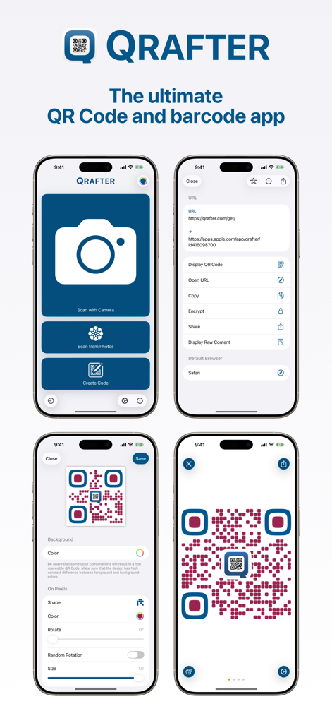 Qrafter: QR Code Reader - Qrafterアプリのインターフェイス。スキャンオプション、結果の詳細、カスタムQRコード作成ツールが表示されています。