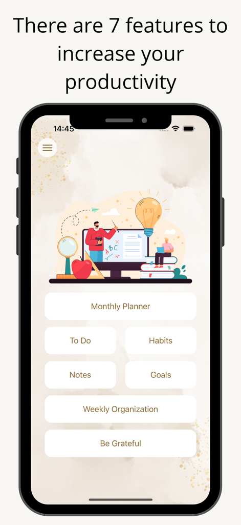 MyMind Diary - Pantalla de inicio de la aplicación MyMind Diary mostrando botones para el planificador mensual, hábitos, lista de tareas pendientes y diario de gratitud.