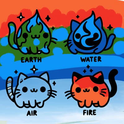 4 cats that represent the different elements, earth, water, air, and fire