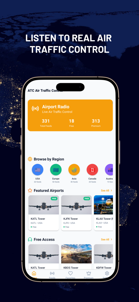 iPhone screenshot of the Air Traffic Control Live ATC app interface displaying airport radio feeds and regional categories.
