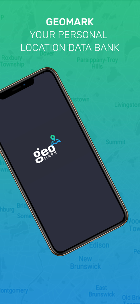 Pantalla promocional de la aplicación GeoMark que muestra su eslogan Tu banco de datos de ubicación personal sobre un fondo de mapa