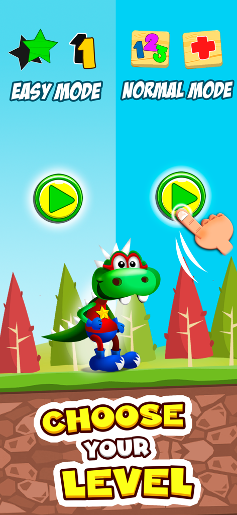 Dino Tim Premium: Basic math - Dino Tim Premium math app level selection screen showing easy and normal modes with a superhero dinosaur character