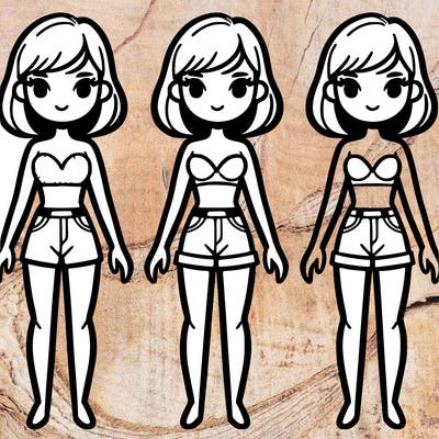make a model with black outlines only and make her in shorts and a bra so i can color it so i can color the outfit in her hair