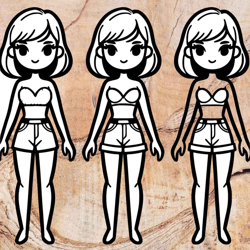 make a model with black outlines only and make her in shorts and a bra so i can color it so i can color the outfit in her hair