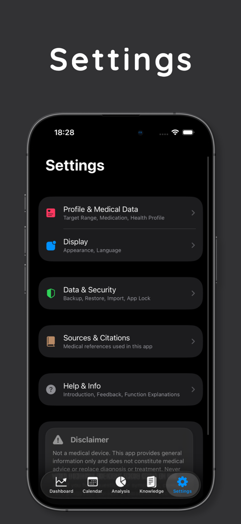 INR Tracker – Dose & Log - Settings screen of the INR Tracker app showing options for medical data profile and data security