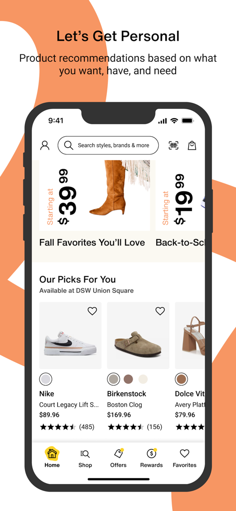 DSW Designer Shoe Warehouse - The DSW app home screen showing personalized shoe recommendations and seasonal product picks.