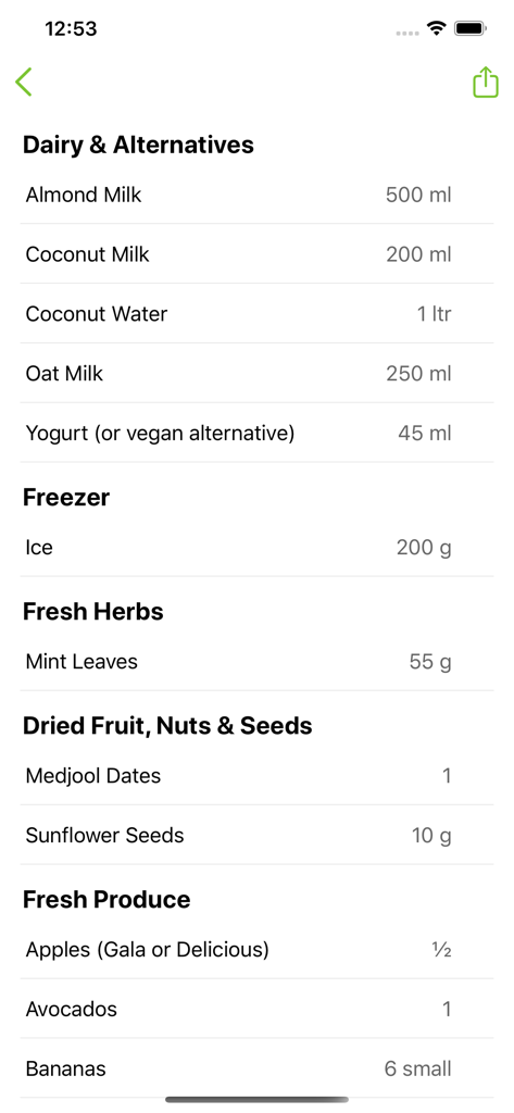 Auto-generated grocery shopping list screen in the Super Blend Me app