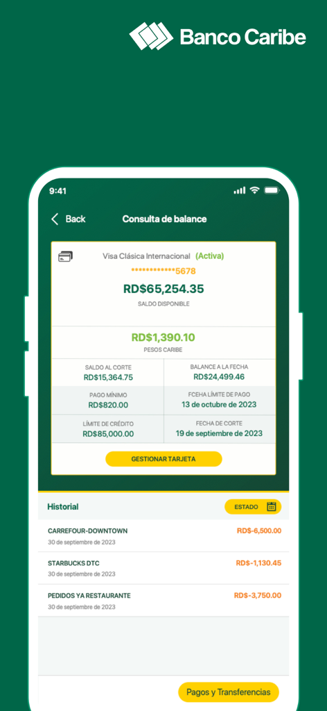 Banco Caribe - Interfaz de la aplicación móvil de Banco Caribe que muestra el saldo de la tarjeta de crédito y el historial de transacciones