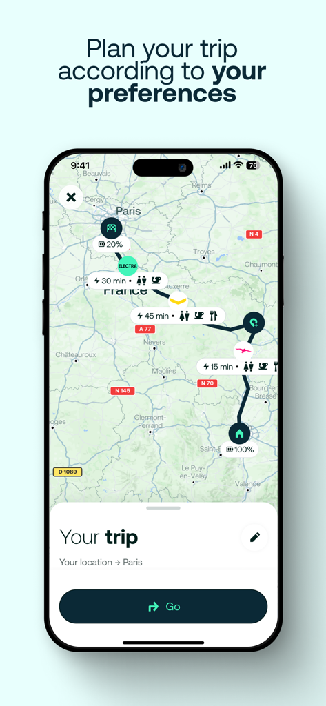 Electra - Fast Charging Hubs - Interfaz de la app Electra que muestra una ruta planificada para vehículos eléctricos con paradas de carga optimizadas en un mapa