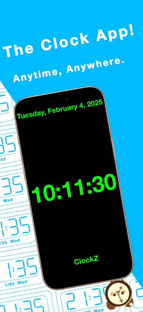 ClockZ | Clock Display + Alarm - A digital clock app displaying the time 10:11:30 in large green text on a black smartphone screen.