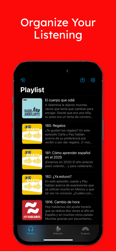 Glisten · Language Podcasts - Glisten app playlist screen featuring Spanish language podcasts for organized learning