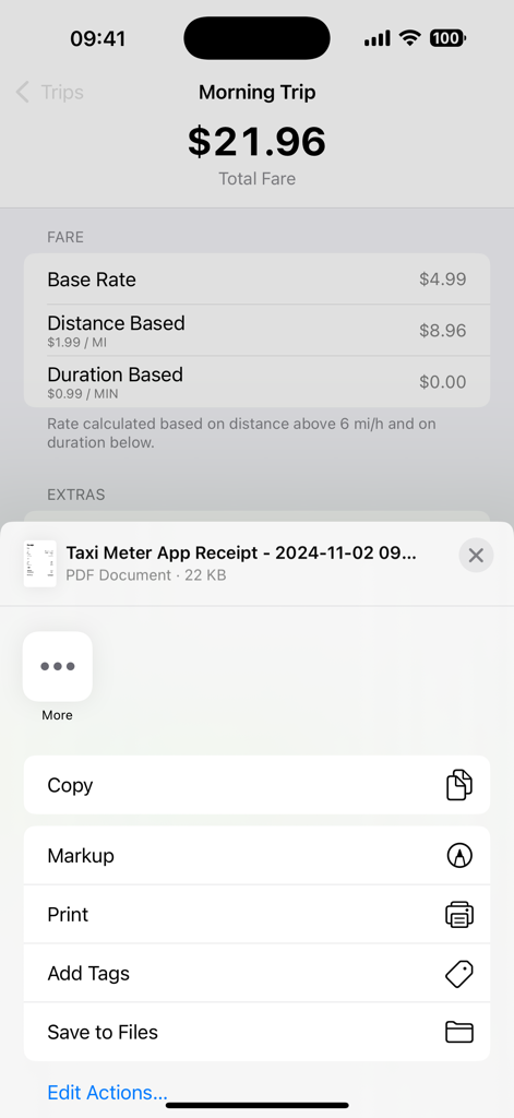 Digital taxi meter interface showing a trip fare breakdown and receipt sharing options on an iPhone