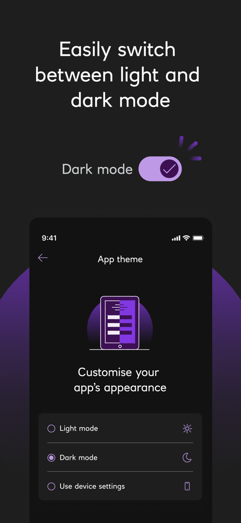 NatWest International app interface for switching between light and dark mode themes.