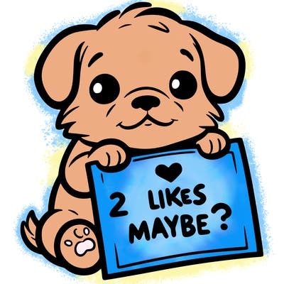 a puppy holding a sign that says 2 likes maybe?