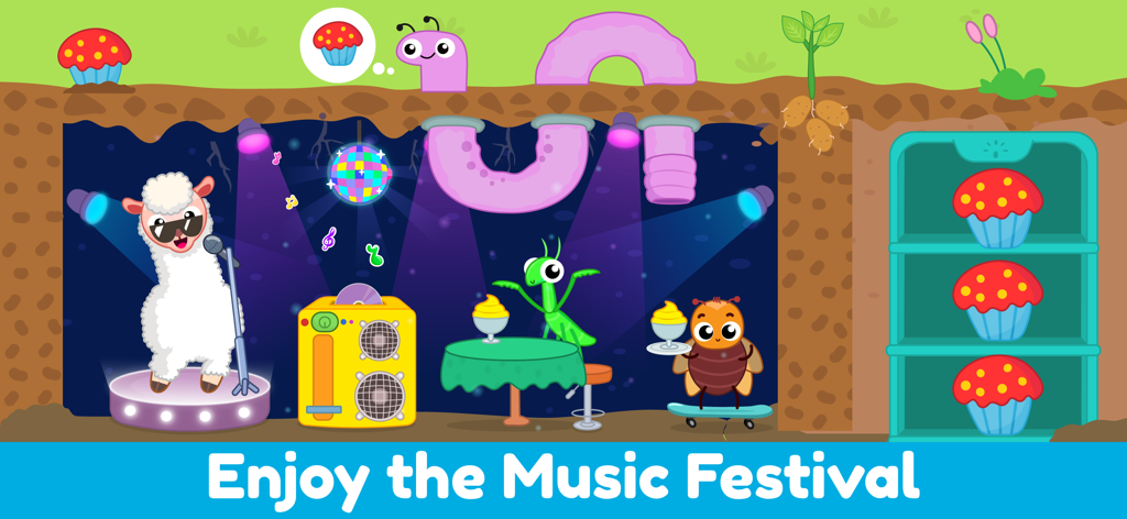 My Little Farm Game Kids World - Una pecora che canta su un palco con una palla da discoteca a un festival musicale sotterraneo con personaggi insetti