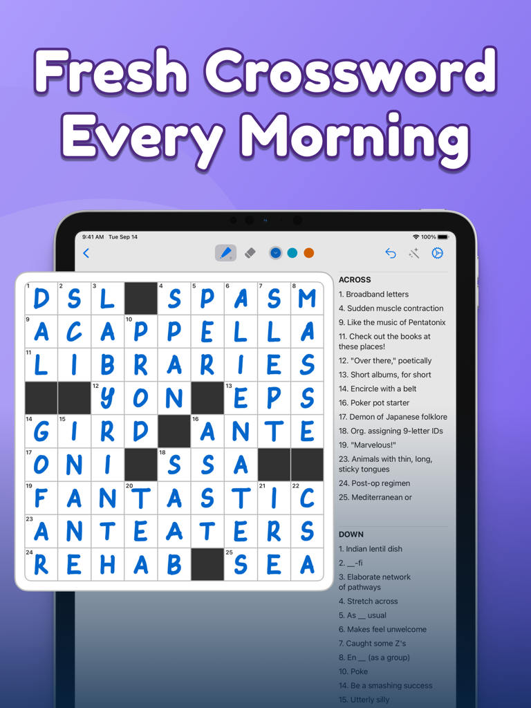 Crossword Puzzles Daily - An iPad screen displaying a crossword puzzle with handwritten blue letters and a daily clue list on the side.