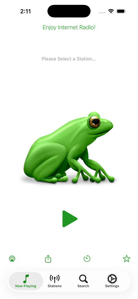 FrogRadio app home screen featuring a green frog mascot and a minimalist user interface