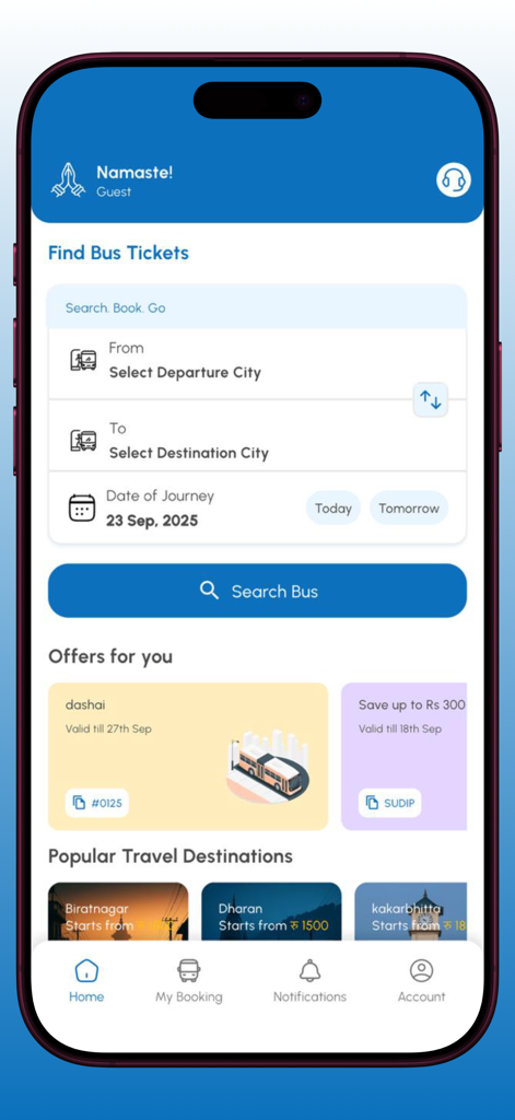 Mero Seat - Home screen of Mero Seat app showing the bus ticket search form and travel offers for Nepal.