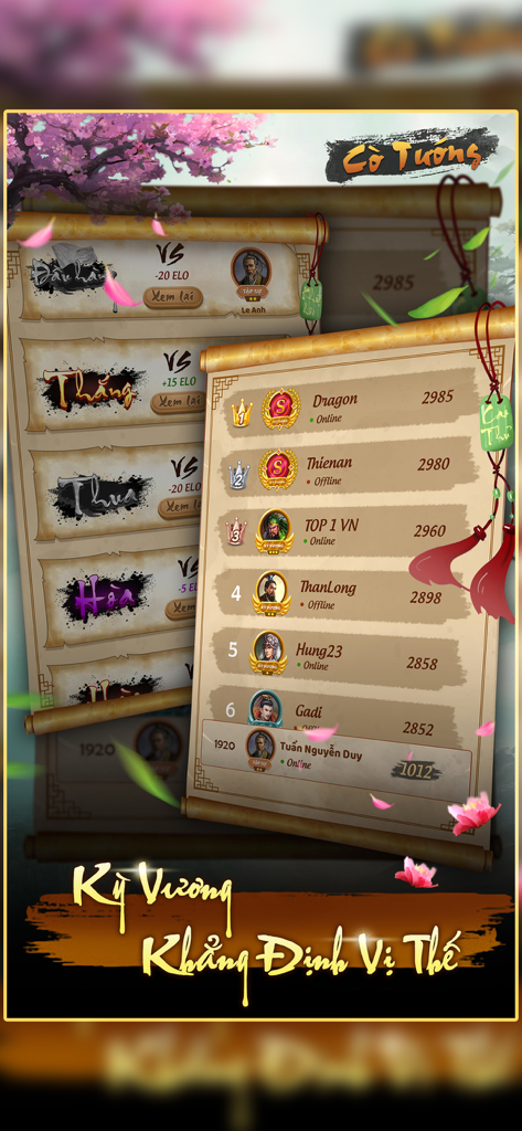 Cờ Tướng Việt Nam - Leaderboard showing top player rankings and Elo scores in the Vietnamese Chinese Chess app