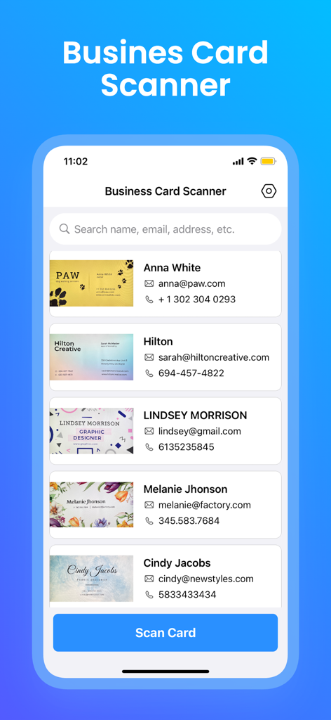 Business Card Scanner - BCR - Oberfläche zeigt eine Liste gescannter Visitenkarten mit Namen und Kontaktdaten