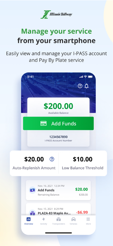 Screenshot of the Illinois Tollway app showing I-PASS balance and transaction history