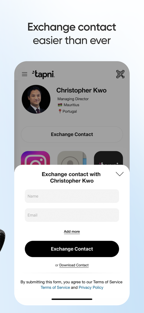 Tapni - Digital Business Card - Pantalla de intercambio de contactos de tarjetas de presentación digitales en la aplicación móvil Tapni