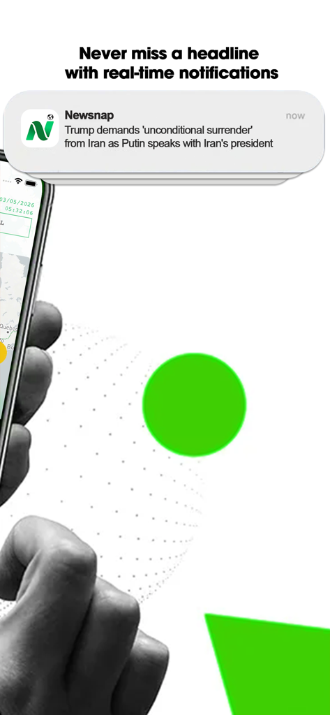 Smartphone displaying a real-time breaking news notification from the Newsnap AI news app.