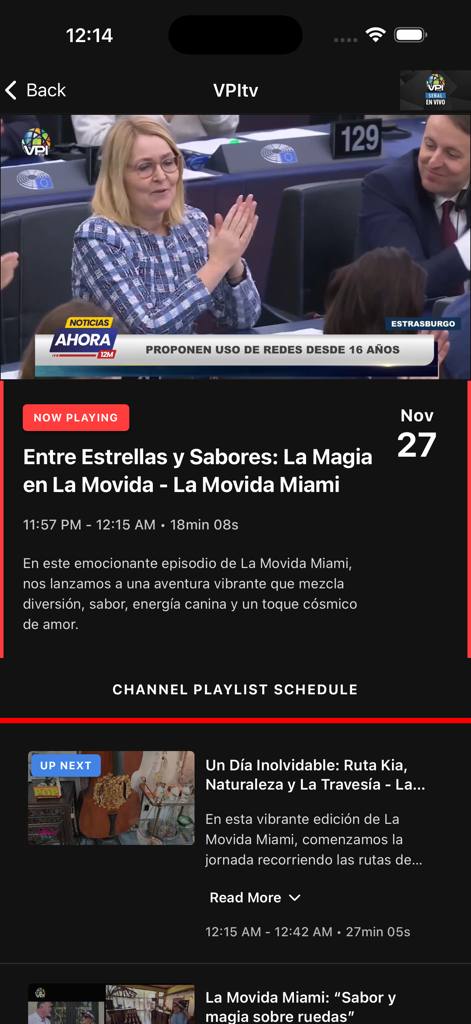 Interfaz de la app móvil VPI TV mostrando una transmisión de noticias en vivo y el horario diario de programas.
