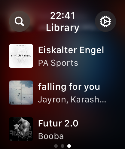 Finy music library interface on Apple Watch showing a list of songs with album art
