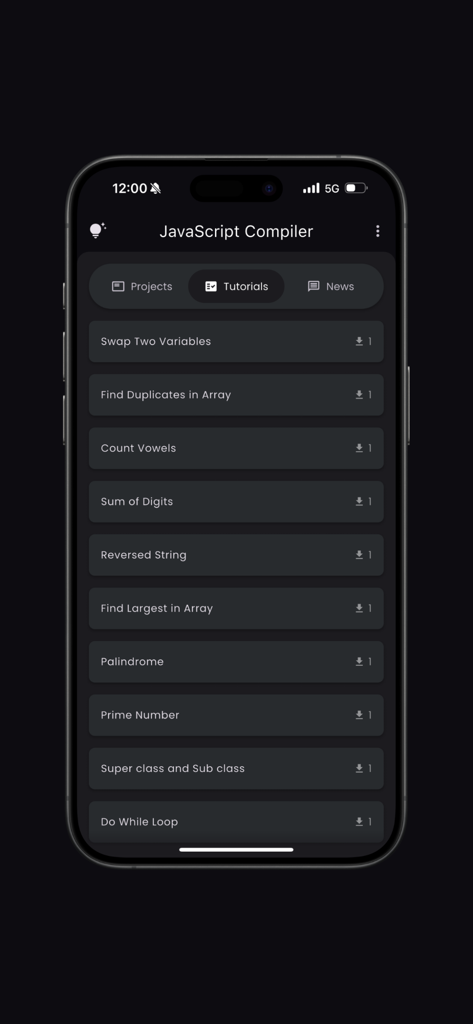 Écran mobile montrant une liste de tutoriels de codage JavaScript pour des exercices de programmation courants