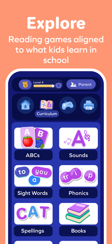 Interfaz de la aplicación Splash Reading que muestra categorías de juegos educativos como ABCs Fonética y Palabras de Uso Frecuente.