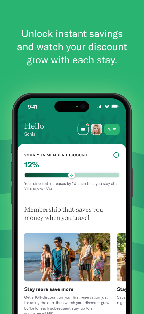 YHA Explorer - Mobile app interface of YHA Explorer showing member loyalty discounts and stay rewards for travelers.