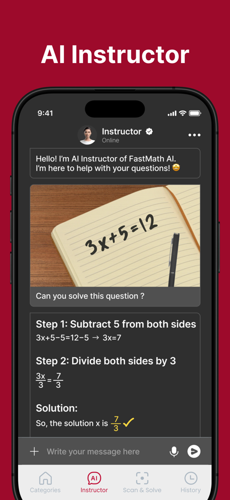 FastMath app interface showing AI Instructor providing step by step solutions for a handwritten math equation